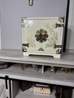 Vintage Japanese Antique White Lacquer Jewelry Box, Huge Gold Painted Birds &