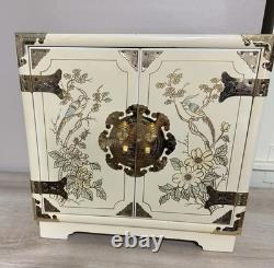 Vintage Japanese Antique White Lacquer Jewelry Box, Huge Gold Painted Birds &