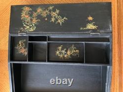 Vintage Japanese Black Lacquer Multi Compartment Sewing Writing Cabinet Box