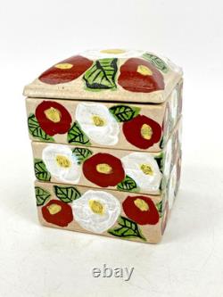 Vintage Japanese Ceramic Jubako Tiered Box, Red White Camellia Artisan Pottery