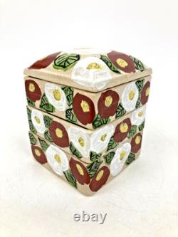 Vintage Japanese Ceramic Jubako Tiered Box, Red White Camellia Artisan Pottery