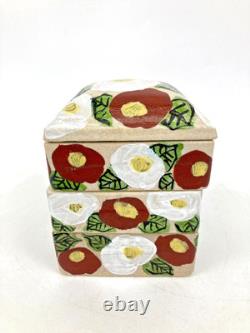 Vintage Japanese Ceramic Jubako Tiered Box, Red White Camellia Artisan Pottery