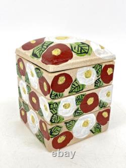 Vintage Japanese Ceramic Jubako Tiered Box, Red White Camellia Artisan Pottery