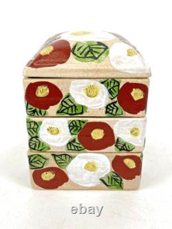 Vintage Japanese Ceramic Jubako Tiered Box, Red White Camellia Artisan Pottery