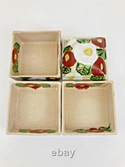 Vintage Japanese Ceramic Jubako Tiered Box, Red White Camellia Artisan Pottery