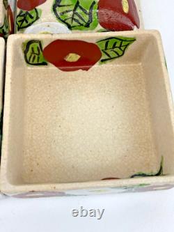 Vintage Japanese Ceramic Jubako Tiered Box, Red White Camellia Artisan Pottery