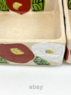 Vintage Japanese Ceramic Jubako Tiered Box, Red White Camellia Artisan Pottery