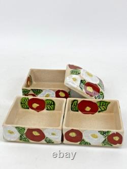 Vintage Japanese Ceramic Jubako Tiered Box, Red White Camellia Artisan Pottery