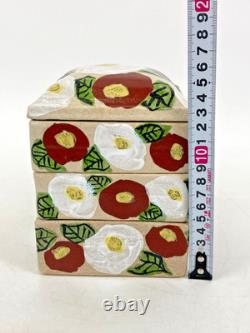 Vintage Japanese Ceramic Jubako Tiered Box, Red White Camellia Artisan Pottery