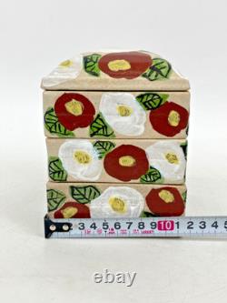 Vintage Japanese Ceramic Jubako Tiered Box, Red White Camellia Artisan Pottery