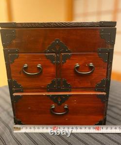 Vintage Japanese Wood Small Tansu Chest Drawer Cabinet Box Metal Fittings
