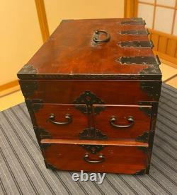 Vintage Japanese Wood Small Tansu Chest Drawer Cabinet Box Metal Fittings