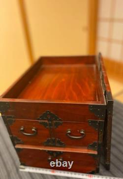 Vintage Japanese Wood Small Tansu Chest Drawer Cabinet Box Metal Fittings