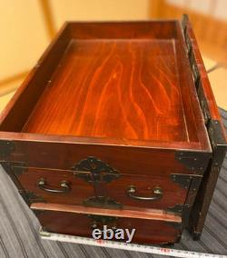 Vintage Japanese Wood Small Tansu Chest Drawer Cabinet Box Metal Fittings