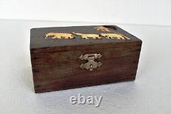 Vintage Jewelry Box Wooden With Inlay Work Christmas Gift Elephants With Palm