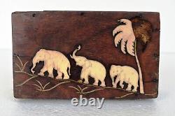 Vintage Jewelry Box Wooden With Inlay Work Christmas Gift Elephants With Palm