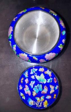 Vintage Korean Fine Silver cloisonne enamel round trinket box