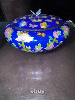 Vintage Korean Fine Silver cloisonne enamel round trinket box