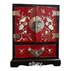 Vintage Korean Najeonchilgi Mother of Pearl Red Lacquer Jewelry Box Cabinet Lock
