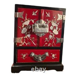 Vintage Korean Najeonchilgi Mother of Pearl Red Lacquer Jewelry Box Cabinet Lock