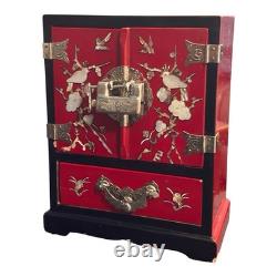 Vintage Korean Najeonchilgi Mother of Pearl Red Lacquer Jewelry Box Cabinet Lock