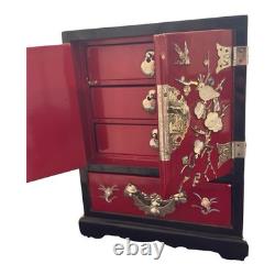 Vintage Korean Najeonchilgi Mother of Pearl Red Lacquer Jewelry Box Cabinet Lock