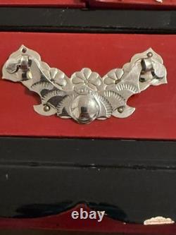 Vintage Korean Najeonchilgi Mother of Pearl Red Lacquer Jewelry Box Cabinet Lock