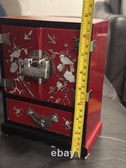 Vintage Korean Najeonchilgi Mother of Pearl Red Lacquer Jewelry Box Cabinet Lock
