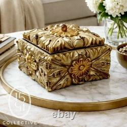 Vintage Large Cast Resin Floral Lidded Box with Distressed Gold Painted Finish