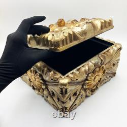 Vintage Large Cast Resin Floral Lidded Box with Distressed Gold Painted Finish