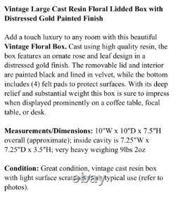 Vintage Large Cast Resin Floral Lidded Box with Distressed Gold Painted Finish