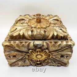Vintage Large Cast Resin Floral Lidded Box with Distressed Gold Painted Finish