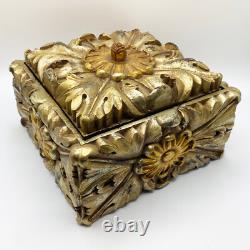 Vintage Large Cast Resin Floral Lidded Box with Distressed Gold Painted Finish