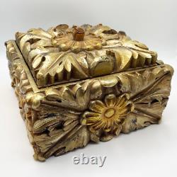 Vintage Large Cast Resin Floral Lidded Box with Distressed Gold Painted Finish