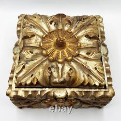 Vintage Large Cast Resin Floral Lidded Box with Distressed Gold Painted Finish