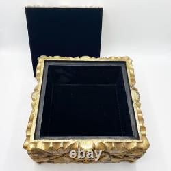 Vintage Large Cast Resin Floral Lidded Box with Distressed Gold Painted Finish
