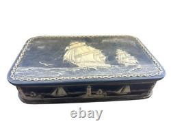 Vintage Large Dante Nautical Blue Incolay Stone Jewelry Box Casekt Clipper Ship