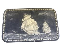 Vintage Large Dante Nautical Blue Incolay Stone Jewelry Box Casekt Clipper Ship