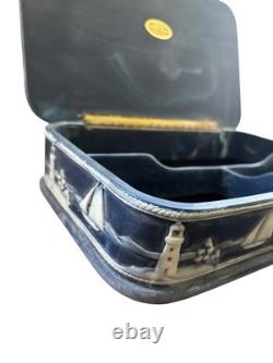 Vintage Large Dante Nautical Blue Incolay Stone Jewelry Box Casekt Clipper Ship