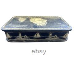 Vintage Large Dante Nautical Blue Incolay Stone Jewelry Box Casekt Clipper Ship