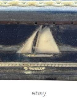 Vintage Large Dante Nautical Blue Incolay Stone Jewelry Box Casekt Clipper Ship