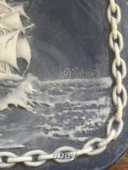 Vintage Large Dante Nautical Blue Incolay Stone Jewelry Box Casekt Clipper Ship