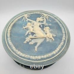 Vintage Large Incolay Box Young Woman On Swing WithCherub And Cupid Hinged Lid