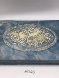 Vintage Large Incolay Stone Birds of Paradise Divided Jewelry Box Blue & White