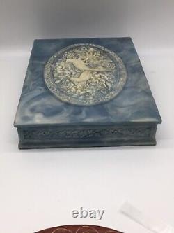 Vintage Large Incolay Stone Birds of Paradise Divided Jewelry Box Blue & White