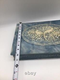 Vintage Large Incolay Stone Birds of Paradise Divided Jewelry Box Blue & White