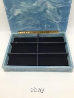 Vintage Large Incolay Stone Birds of Paradise Divided Jewelry Box Blue & White