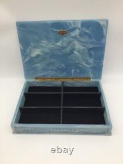 Vintage Large Incolay Stone Birds of Paradise Divided Jewelry Box Blue & White