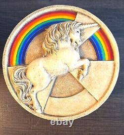 Vintage Large Resin Unicorn and Rainbow Round Lidded Box 8 1970s Retro