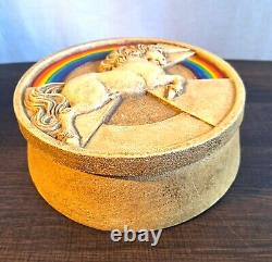 Vintage Large Resin Unicorn and Rainbow Round Lidded Box 8 1970s Retro